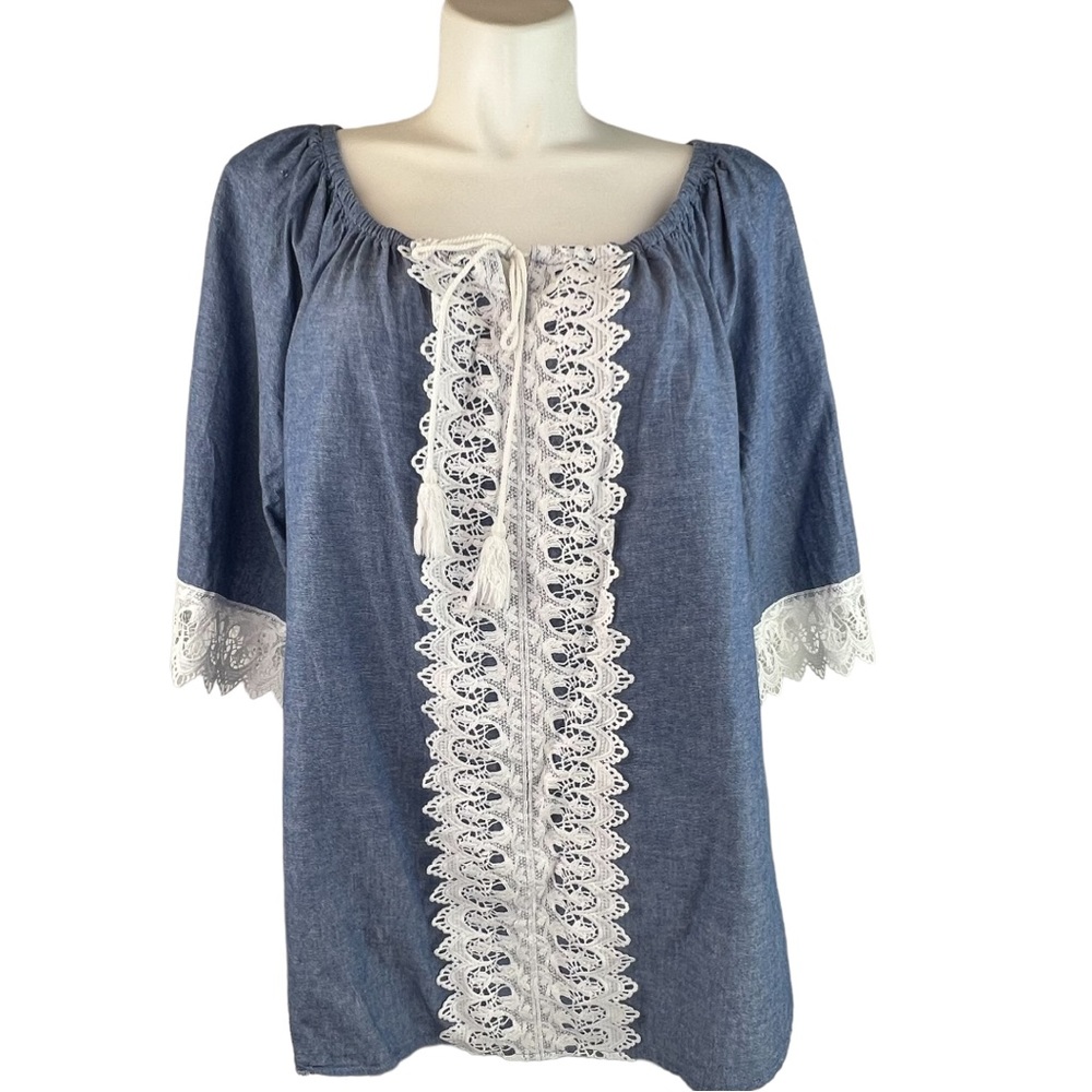 CATO Chambray Lace Peasant Top 22W 24W 2X Blue